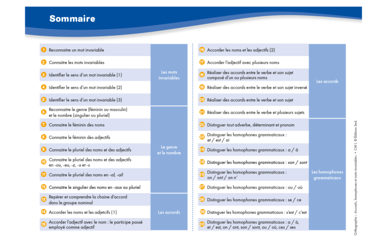 Aperçu : Orthographe 1 – Accords, homophones, mots invariables – CM1