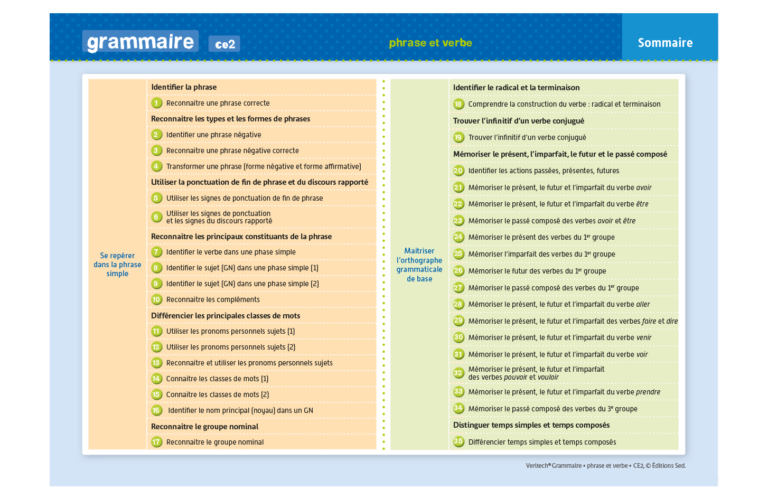 Aperçu : Grammaire – Phrase et verbe – CE2