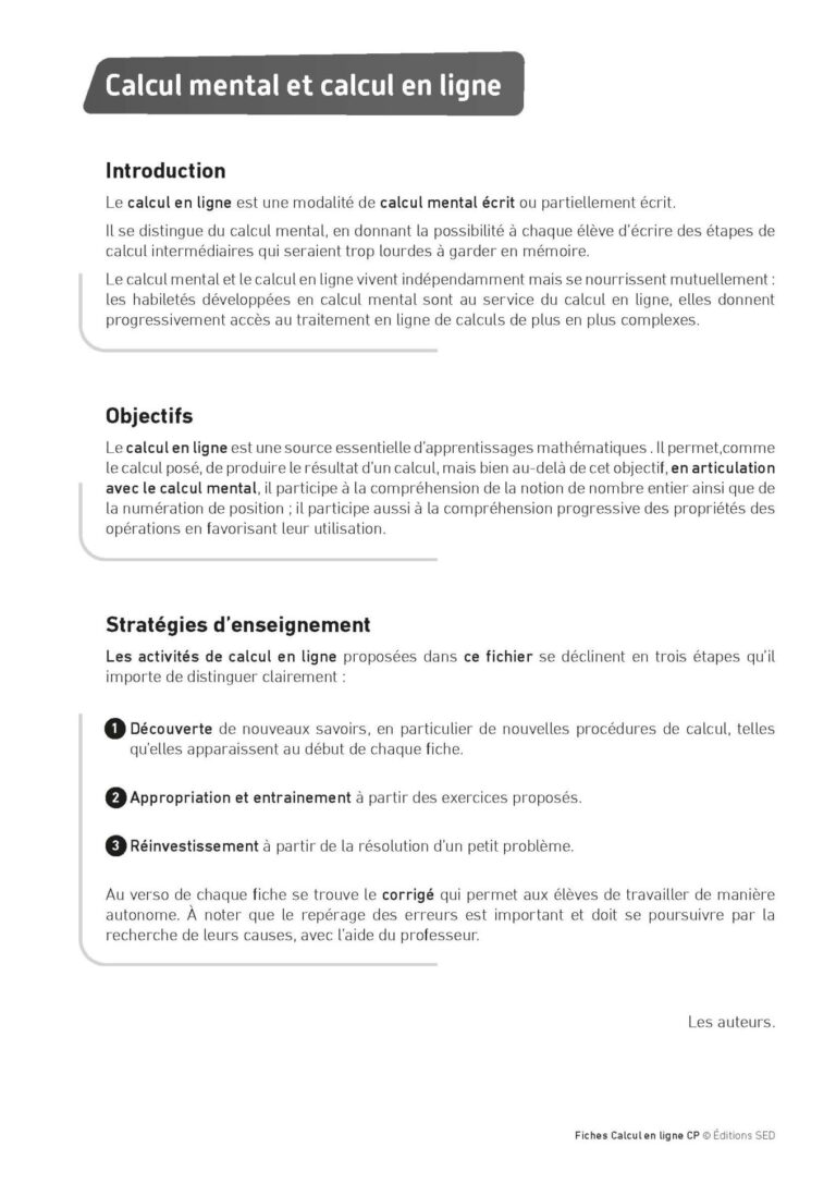 Aperçu : Calcul mental – Calcul à la ligne – CP