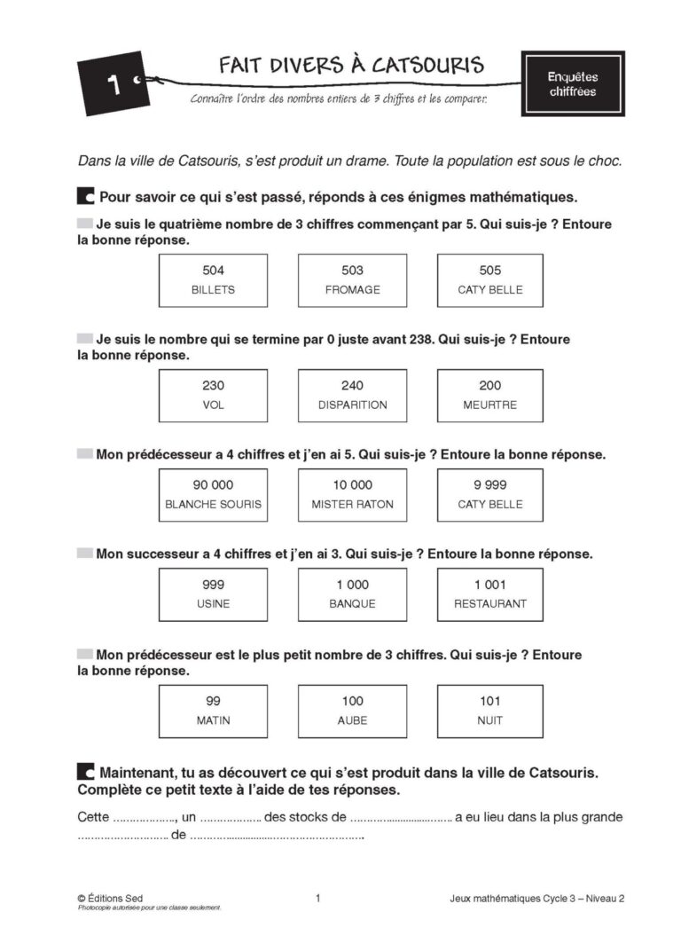 Aperçu : Jeux mathématiques – CM1