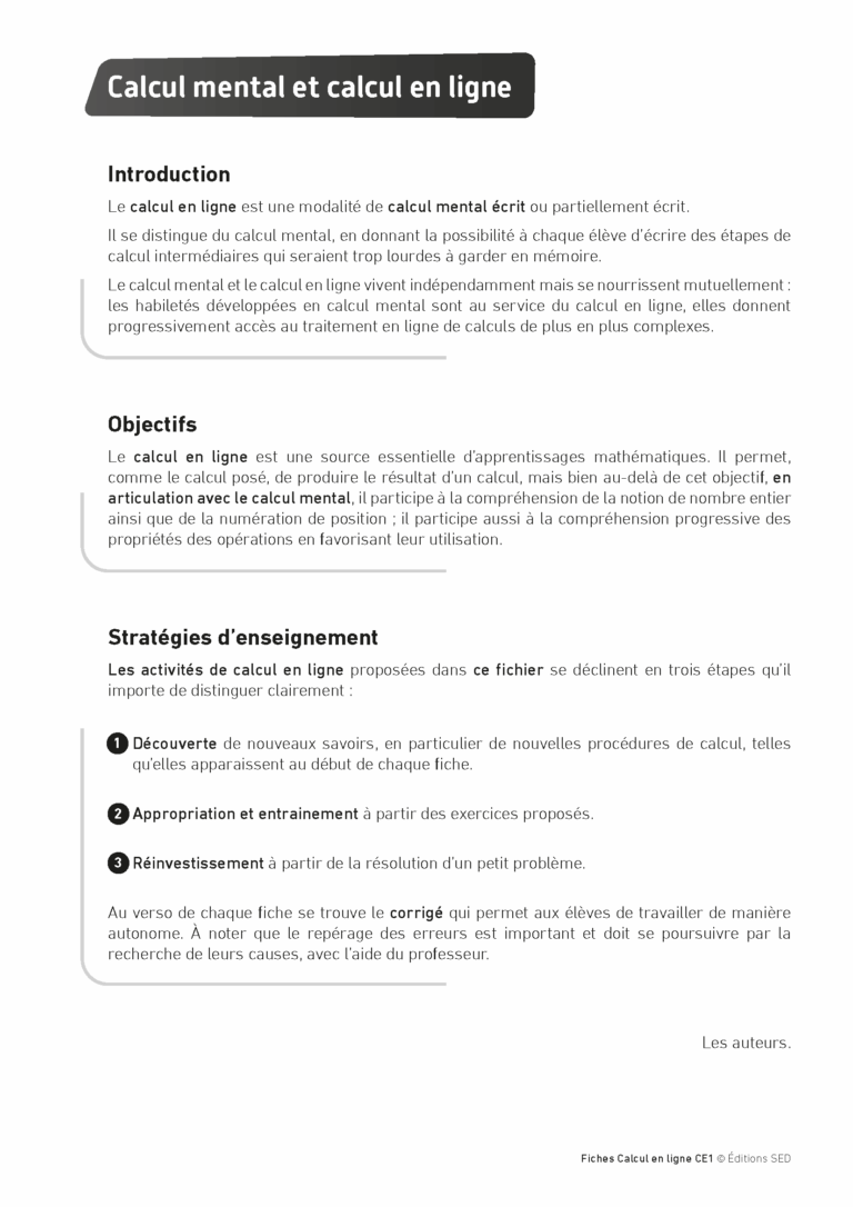 Aperçu : Calcul mental – Calcul à la ligne – CE1