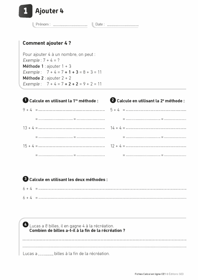 Aperçu : Calcul mental – Calcul à la ligne – CE1