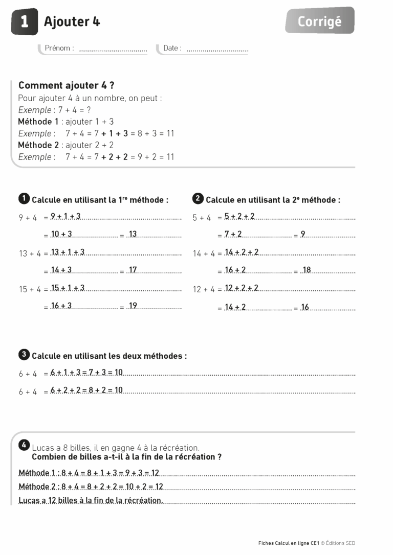Aperçu : Calcul mental – Calcul à la ligne – CE1