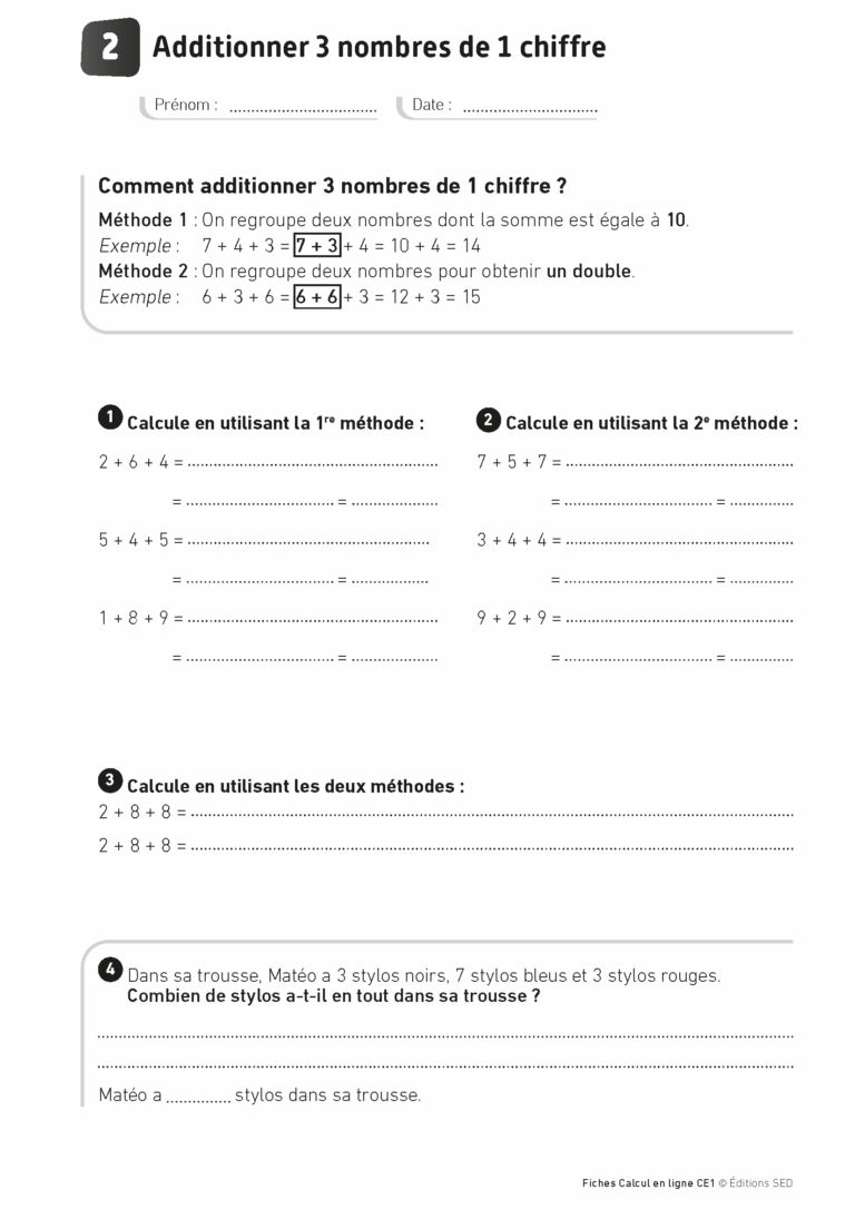 Aperçu : Calcul mental – Calcul à la ligne – CE1