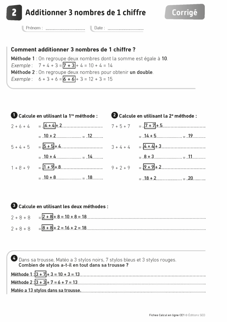 Aperçu : Calcul mental – Calcul à la ligne – CE1