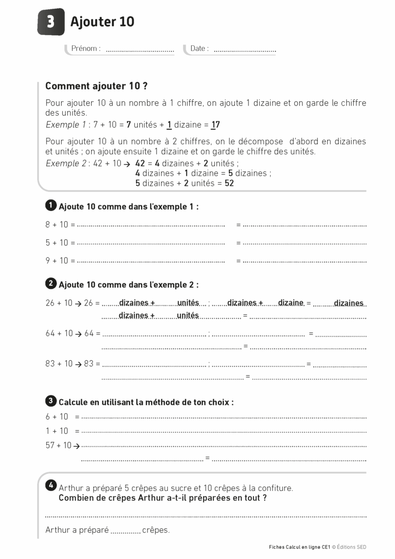 Aperçu : Calcul mental – Calcul à la ligne – CE1