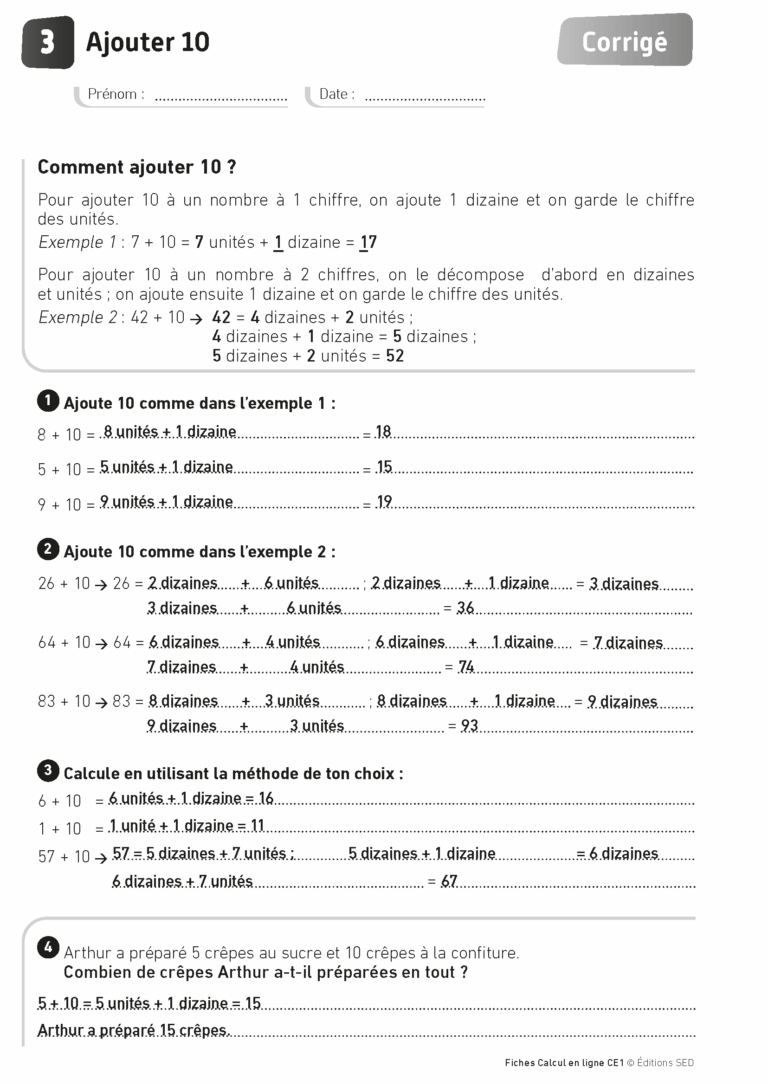 Aperçu : Calcul mental – Calcul à la ligne – CE1