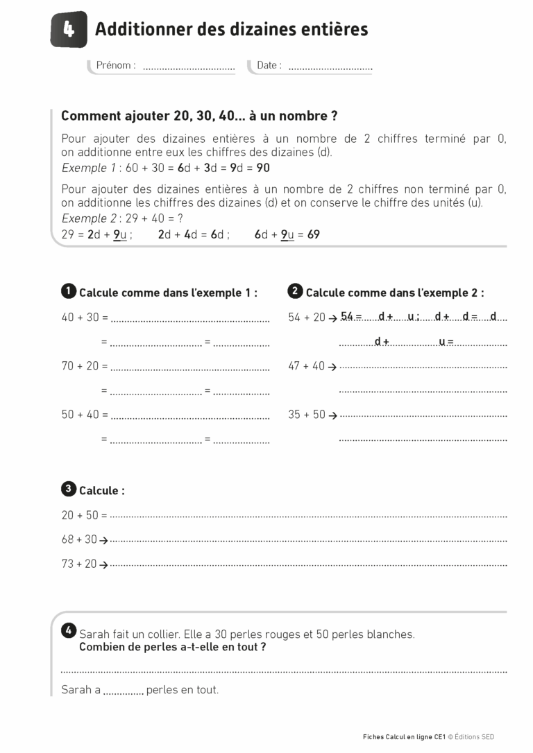 Aperçu : Calcul mental – Calcul à la ligne – CE1