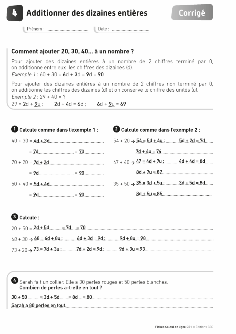 Aperçu : Calcul mental – Calcul à la ligne – CE1