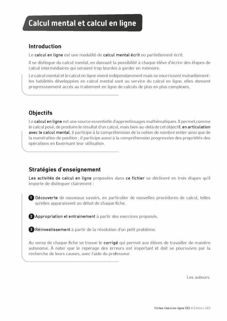 Aperçu : Calcul mental – Calcul à la ligne – CE2