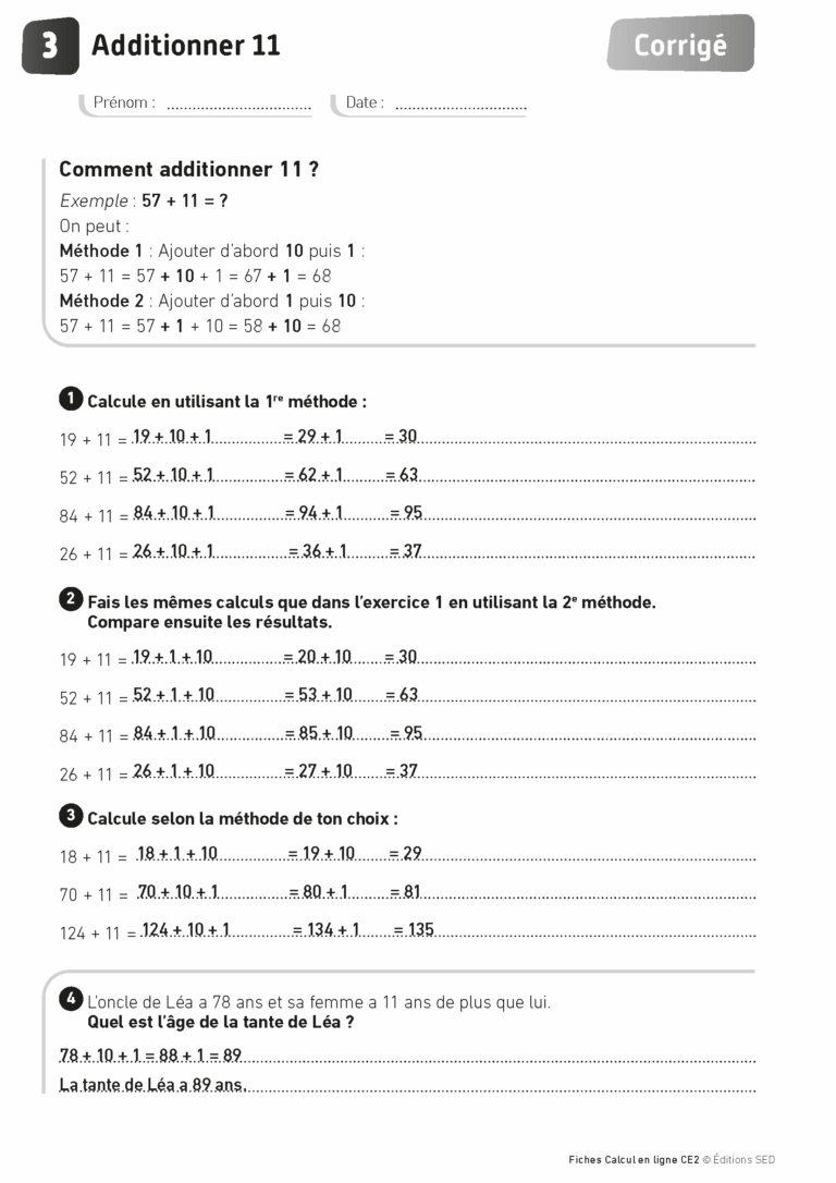 Aperçu : Calcul mental – Calcul à la ligne – CE2