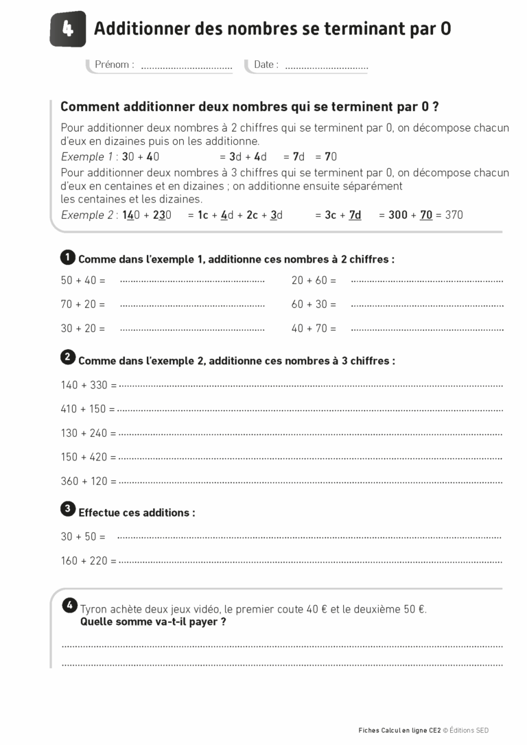 Aperçu : Calcul mental – Calcul à la ligne – CE2