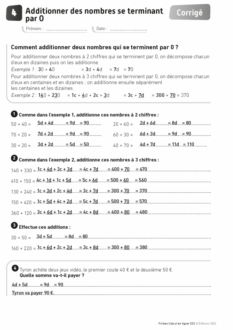 Aperçu : Calcul mental – Calcul à la ligne – CE2