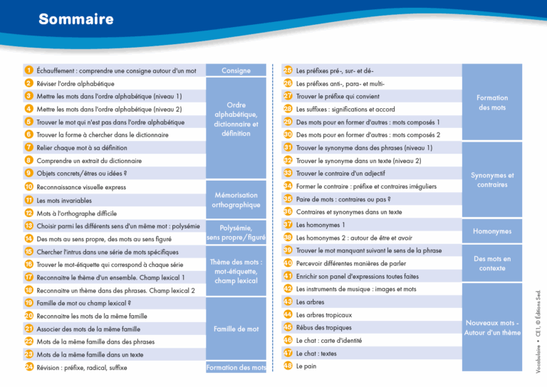 Aperçu : Vocabulaire – CE1
